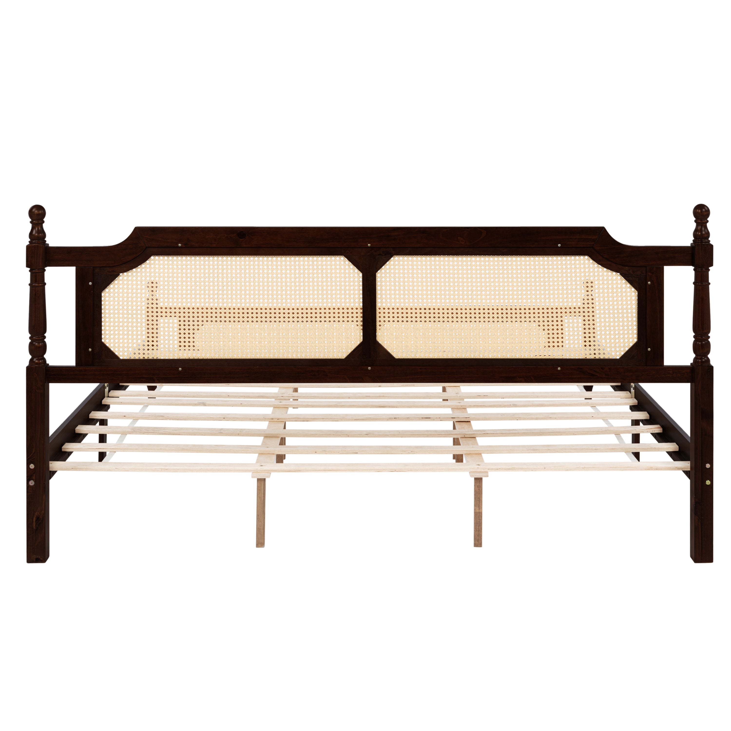 King Pine wooden Bed with Rattan Headboard  and Footboard, with  Central Enhanced Bed Platform ,Espresso