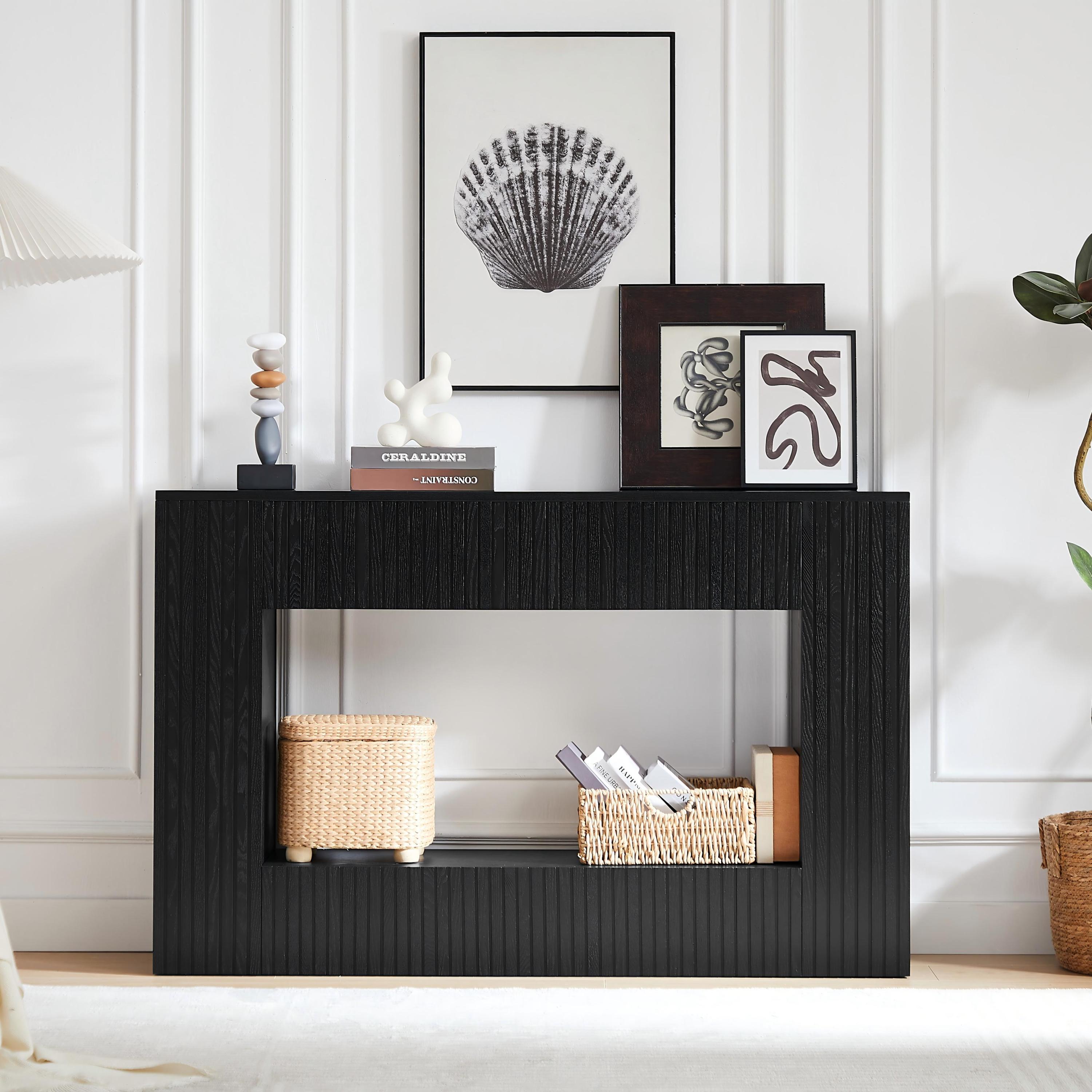 55' Modern Slatted Console Table, Narrow Entryway Table for Living Room or Hallway
