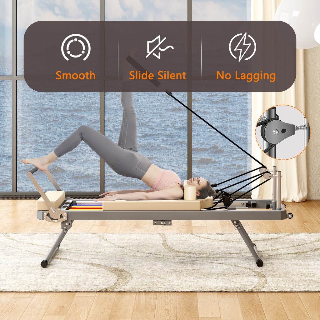 Pilates Reformer Machine for Home Gym Workout, Foldable Pilates Equipment with High Strength Alloy Springs for Beginners, Up to 330lbs,Beige