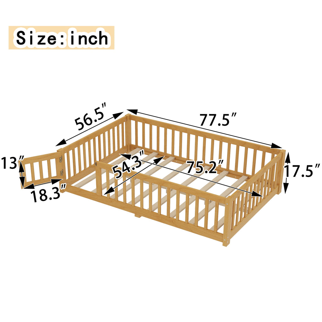 Full Size Bed Floor Bed with Safety Guardrails and Door for Kids, Natural(Old SKU:  W1580P154627)