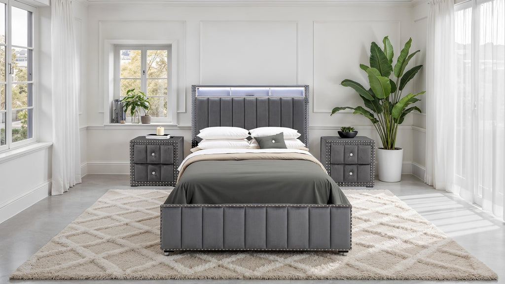 Contemporary 3pc Bedroom Set Queen Size Bed 2x Nightstands Bedroom Furniture Dark Gray Fabric Upholstered Bedframe w LED Nailhead Trim