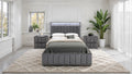 Contemporary 3pc Bedroom Set Full Size Bed 2x Nightstands Bedroom Furniture Dark Gray Fabric Upholstered Bedframe w LED Nailhead Trim