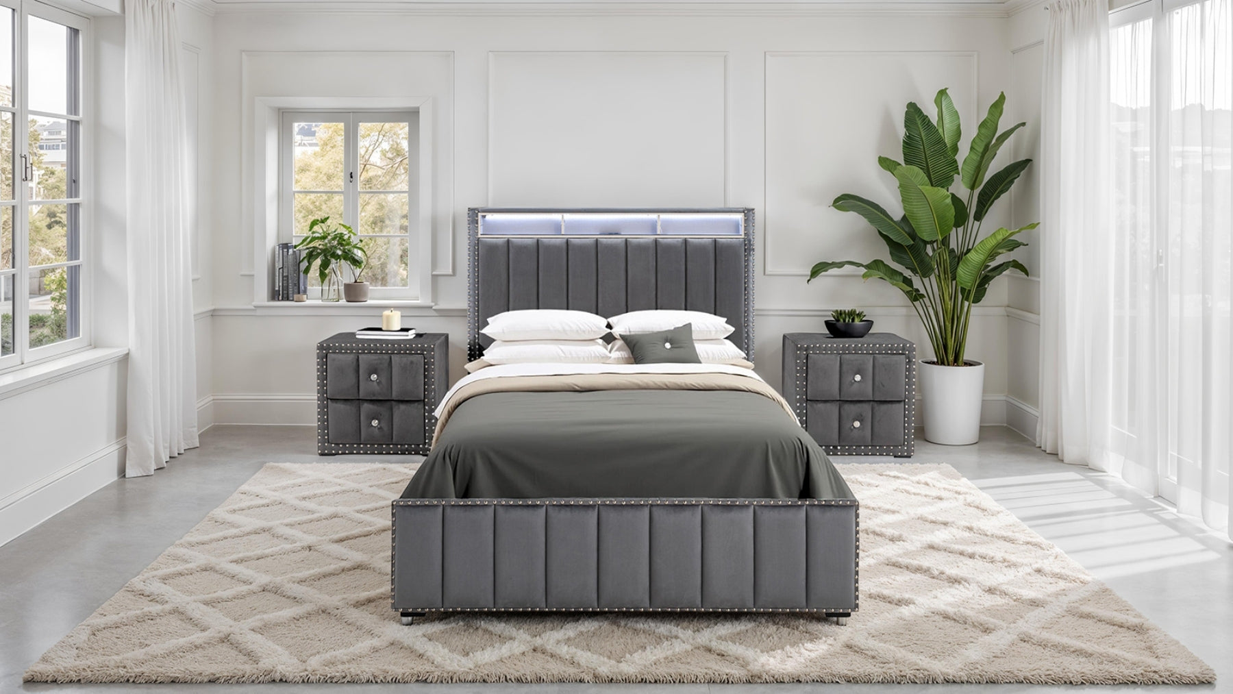 Contemporary 3pc Bedroom Set Full Size Bed 2x Nightstands Bedroom Furniture Dark Gray Fabric Upholstered Bedframe w LED Nailhead Trim