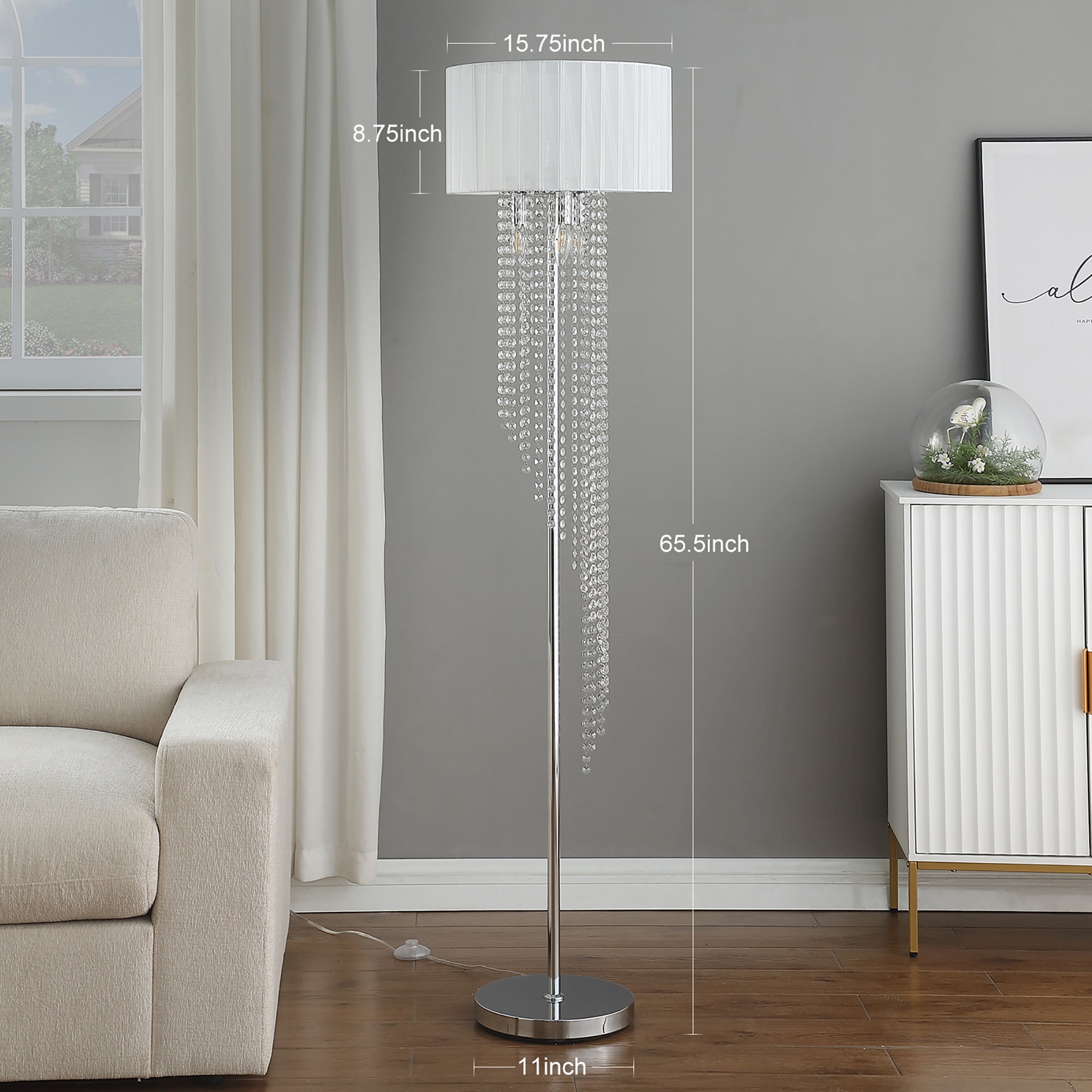 65.75'H Sheer White Drum Shade Rain Crystal Chrome Metal Floor Lamp for Living Room, Standing Lamp for Bedroom