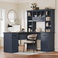 L-Shaped Computer Desk with 2 Cabinets and 2 Drawers, 11 Open Shelves, with Power Outlet, for Study, Living Room and Office, Antique Blue