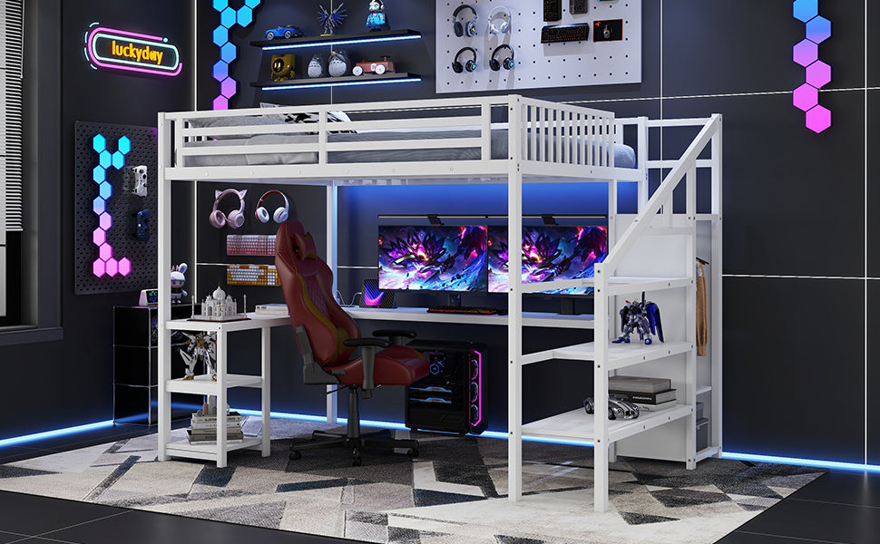 Metal Queen Loft Bed with Wardrobe and LED Light, Queen Size Loft Bed with L Shaped Desk and USB for Kids Teens Adults, White