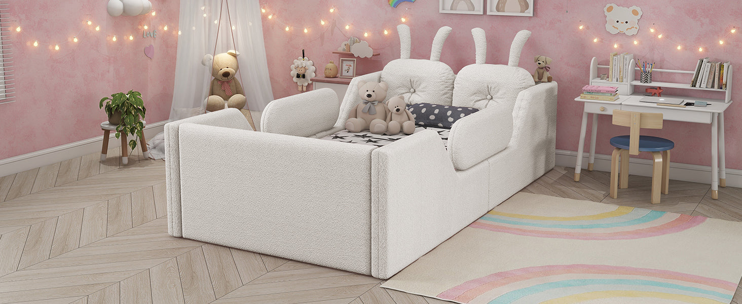 Twin Size Upholstered Platform Bed with Rabbit Cushion, Kids Floor Upholstered Bed with Removable Side Rails, White(Expect Arrival Date 2025/1/15)