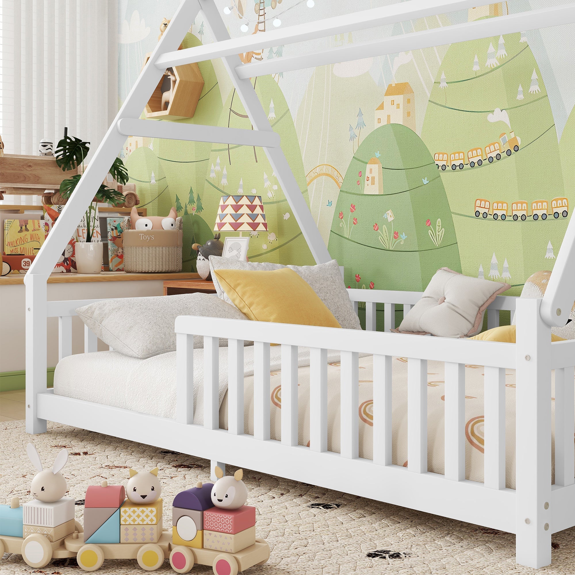 Full House Bed with Light, Low Floor House Bed with Fence and Roof for Kids Boys Girls,White(Expect arrive date 2025/7/20)