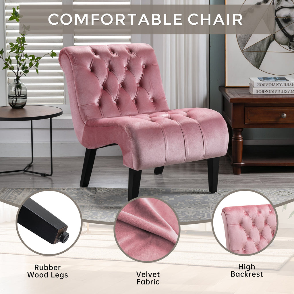 COOLMORE Modern Velvet Armless Accent Living Room Chair / Leisure Chair,Upholstered Fabric Button Comfortable Chair with Wooden Legs for Bedroom, Living Room, Office (Pink Velvet)