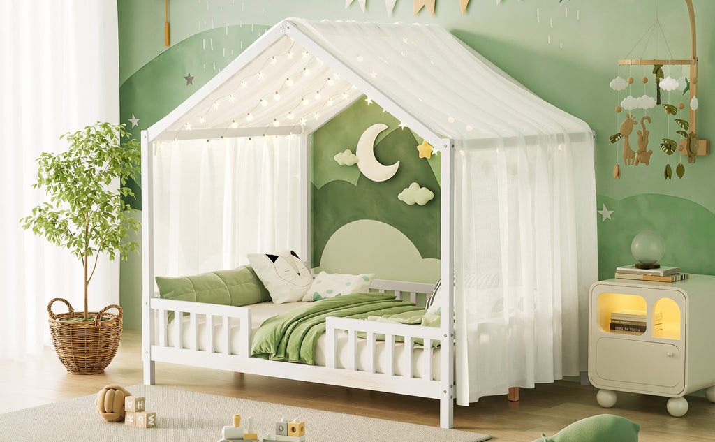 Montessori Floor Bed with Canopy, Full Bed Frame for Kids, House Shape Kids Bed Frame with High Railings, Wood Kids Bed with Roof, Kid Full Bed, White