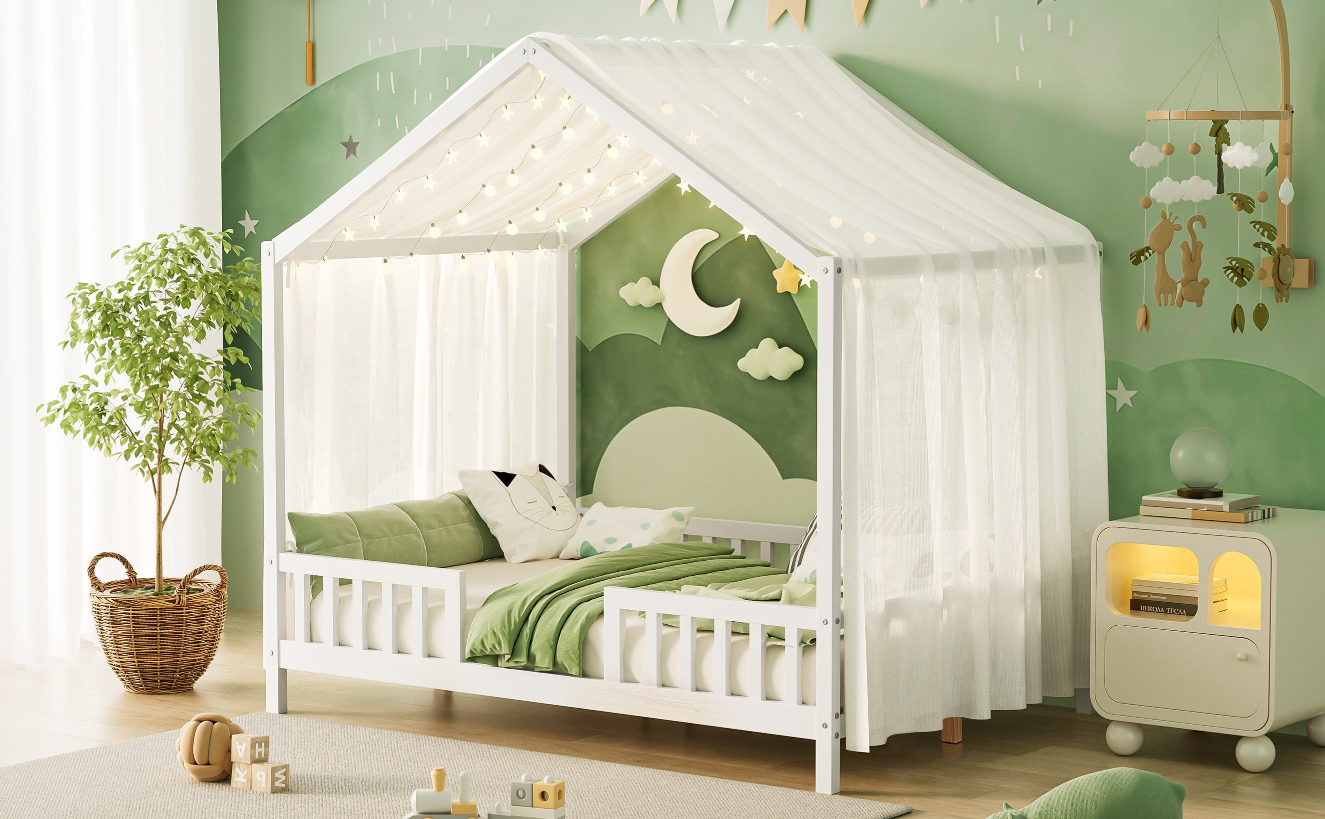 Montessori Floor Bed with Canopy, Full Bed Frame for Kids, House Shape Kids Bed Frame with High Railings, Wood Kids Bed with Roof, Kid Full Bed, White