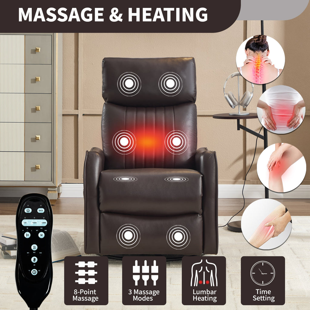 Brown Faux Leather Heat Massage Manual Recliner Chair with Rocker and Swivel for Living Room
