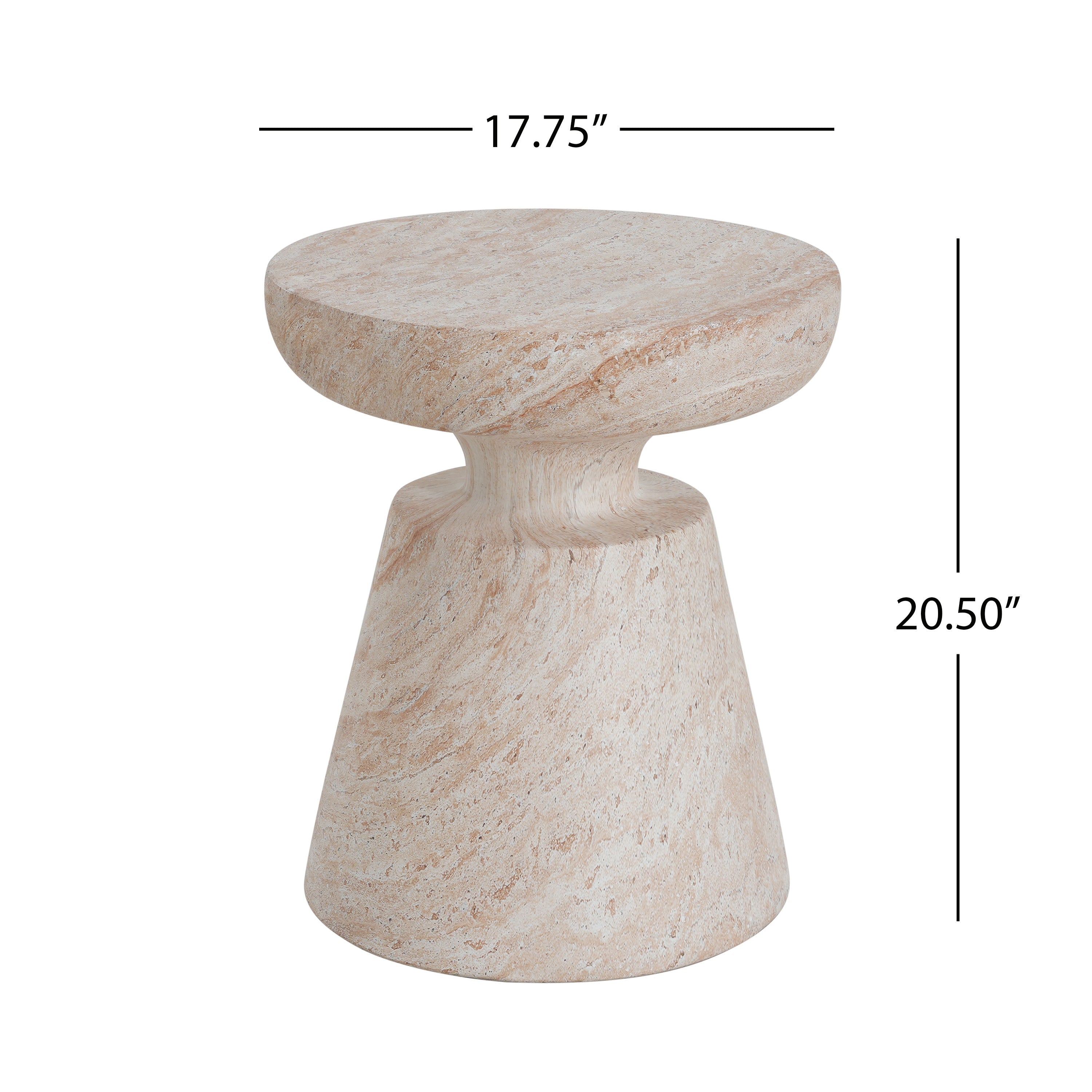 Outdoor/Indoor Lightweight Concrete Side Table, Travertine Finish, Beige, 20.5 x 17.75 Inches