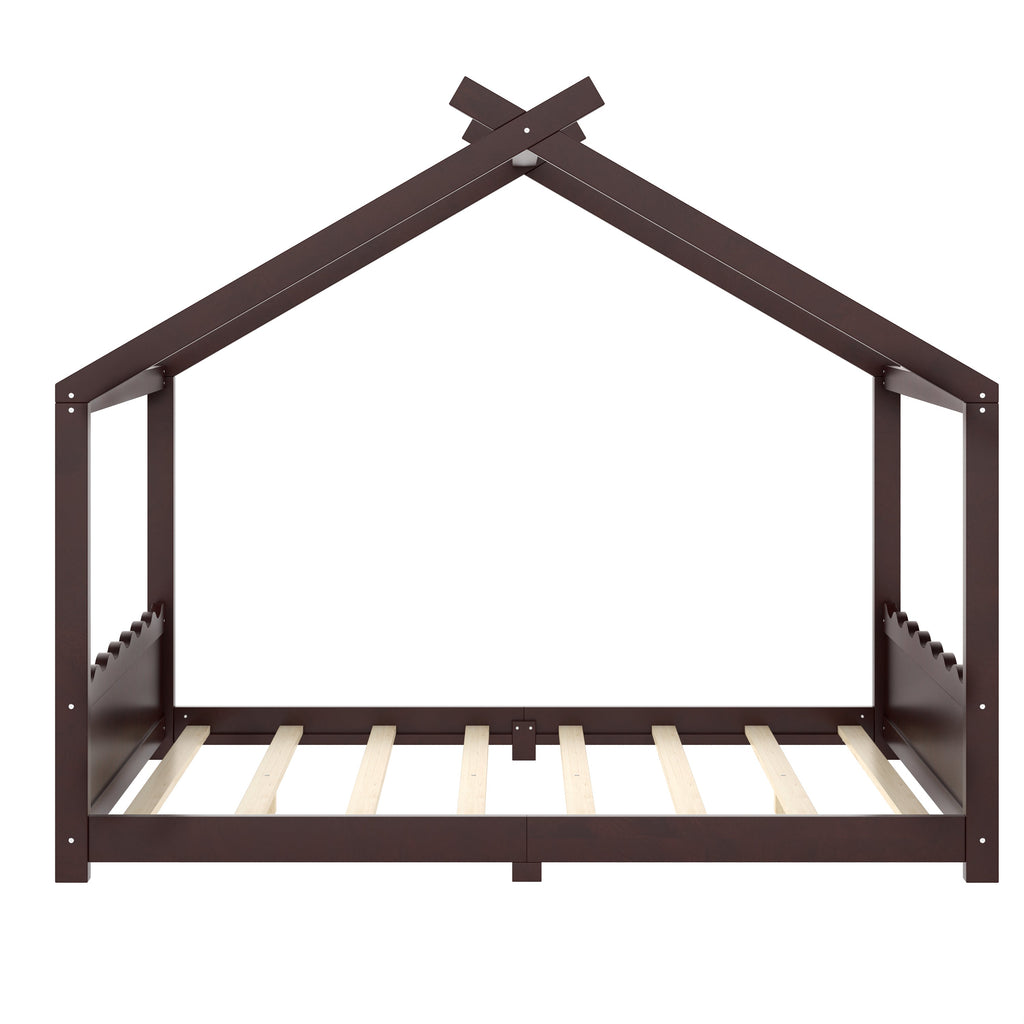 Queen House Floor Bed with Support Slats, Solid Wood House Bed Frame for Kids, No Box Spring Needed and Opening Constructure, Espresso