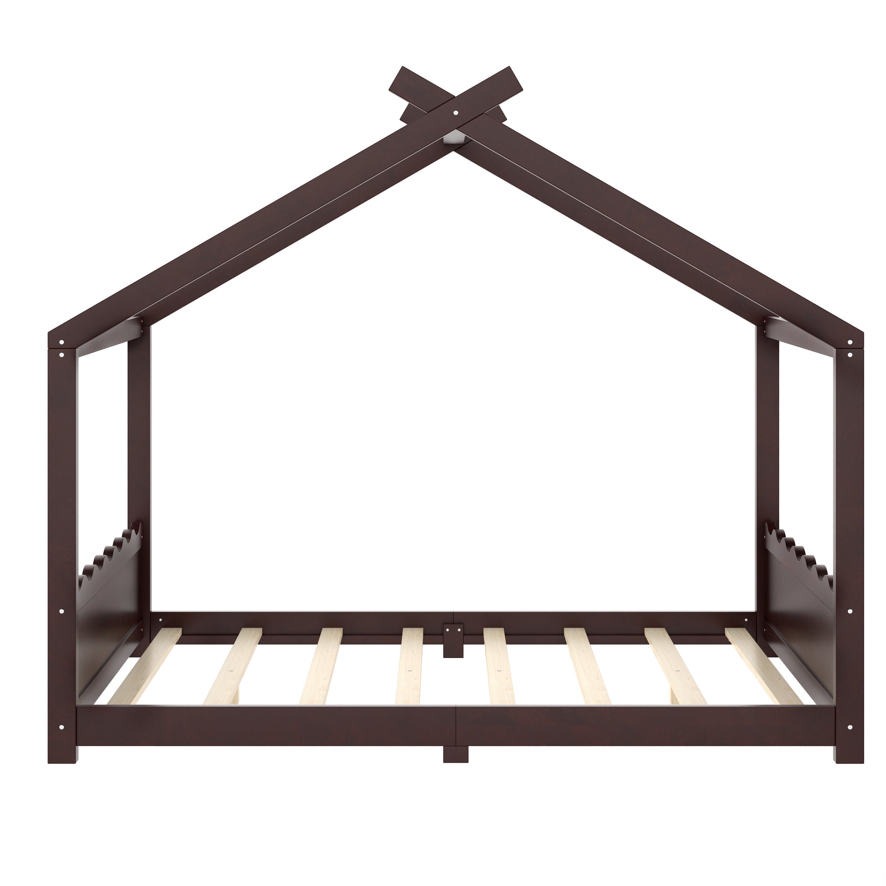 Queen House Floor Bed with Support Slats, Solid Wood House Bed Frame for Kids, No Box Spring Needed and Opening Constructure, Espresso