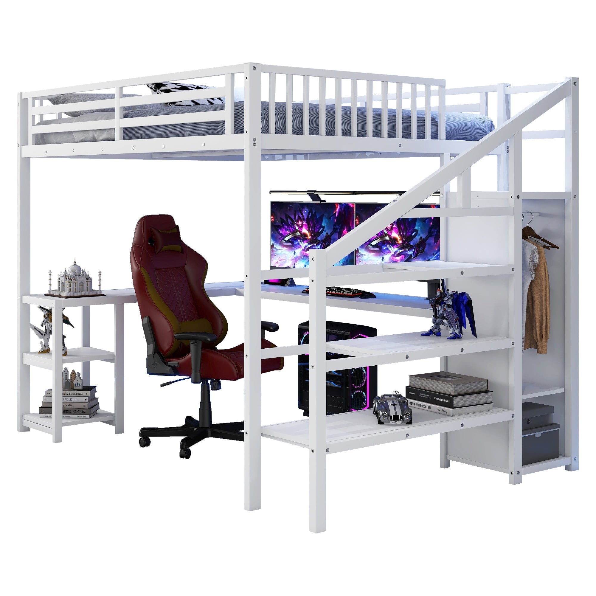 Metal Queen Loft Bed with Wardrobe and LED Light, Queen Size Loft Bed with L Shaped Desk and USB for Kids Teens Adults, White