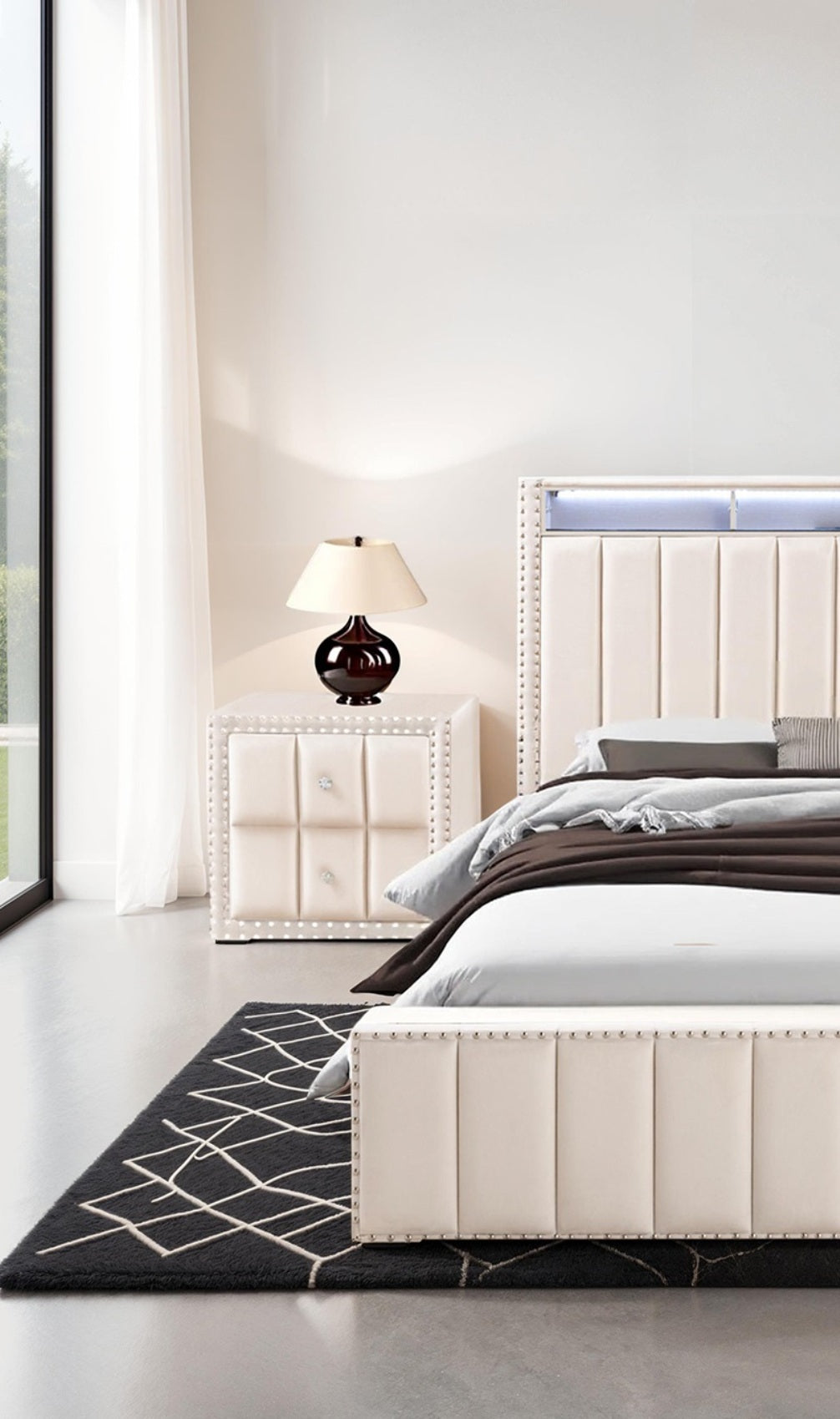 Queen Size Bed 2x Nightstands Bedroom Furniture Contemporary Beige Fabric Upholstered Bedframe w LED Nailhead Trim 3pc Bedroom Set