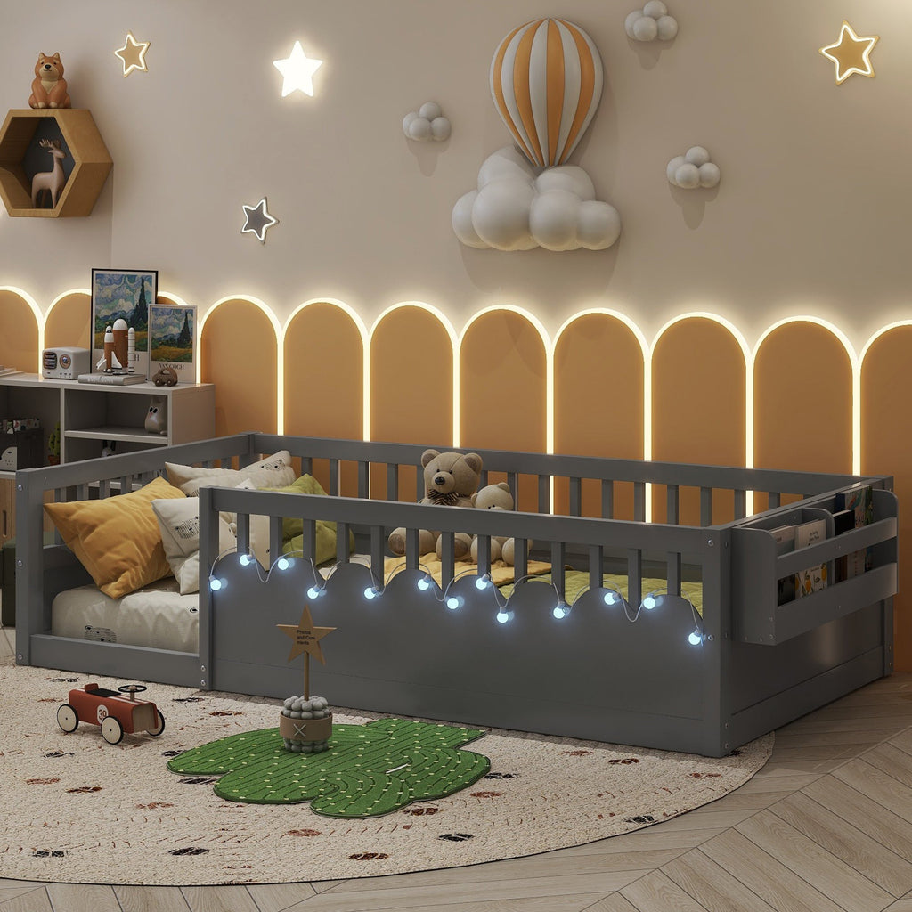 Twin Montessori Floor Bed Frame with High Rails, Wood Kids Floor Beds with Light and Storage Shelf, Gray (Expect Arrival Date 2025/8/15)