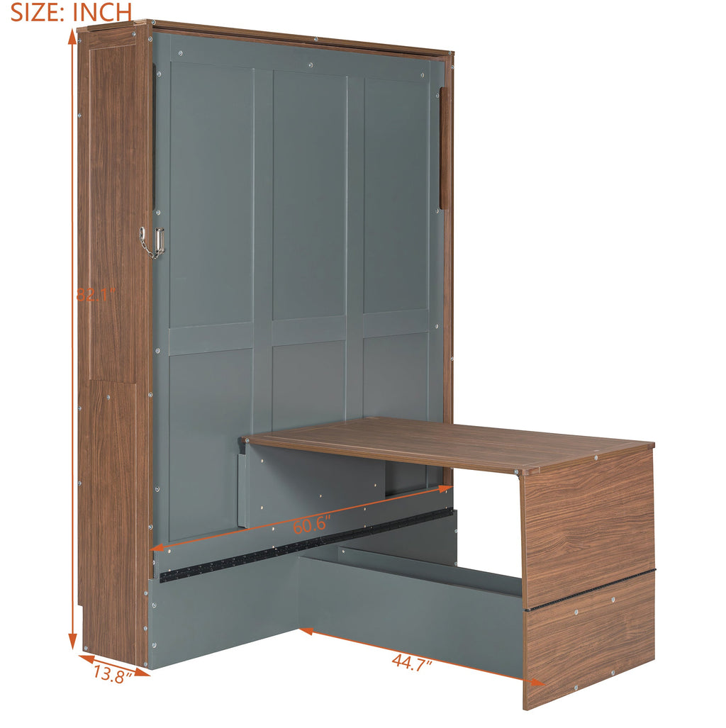 Full Size Murphy Bed with Foldable Desk – Space Saving Wall Bed - Walnut & Gray
