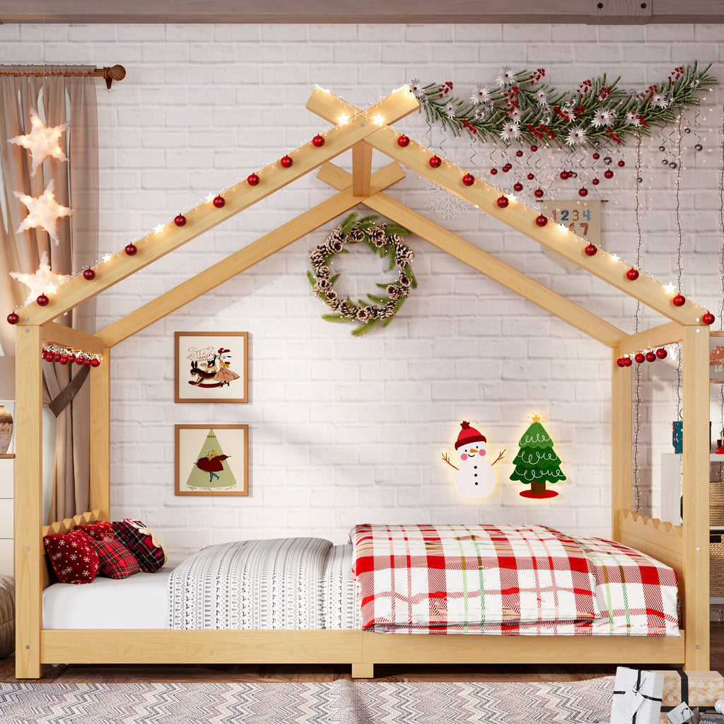 Full House Floor Bed with Support Slats, Solid Wood House Bed Frame for Kids, No Box Spring Needed and Opening Constructure, Natural