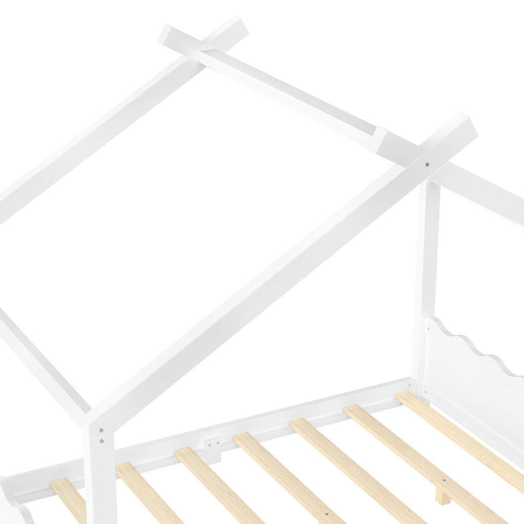 Full House Floor Bed with Support Slats, Solid Wood House Bed Frame for Kids, No Box Spring Needed and Opening Constructure, White