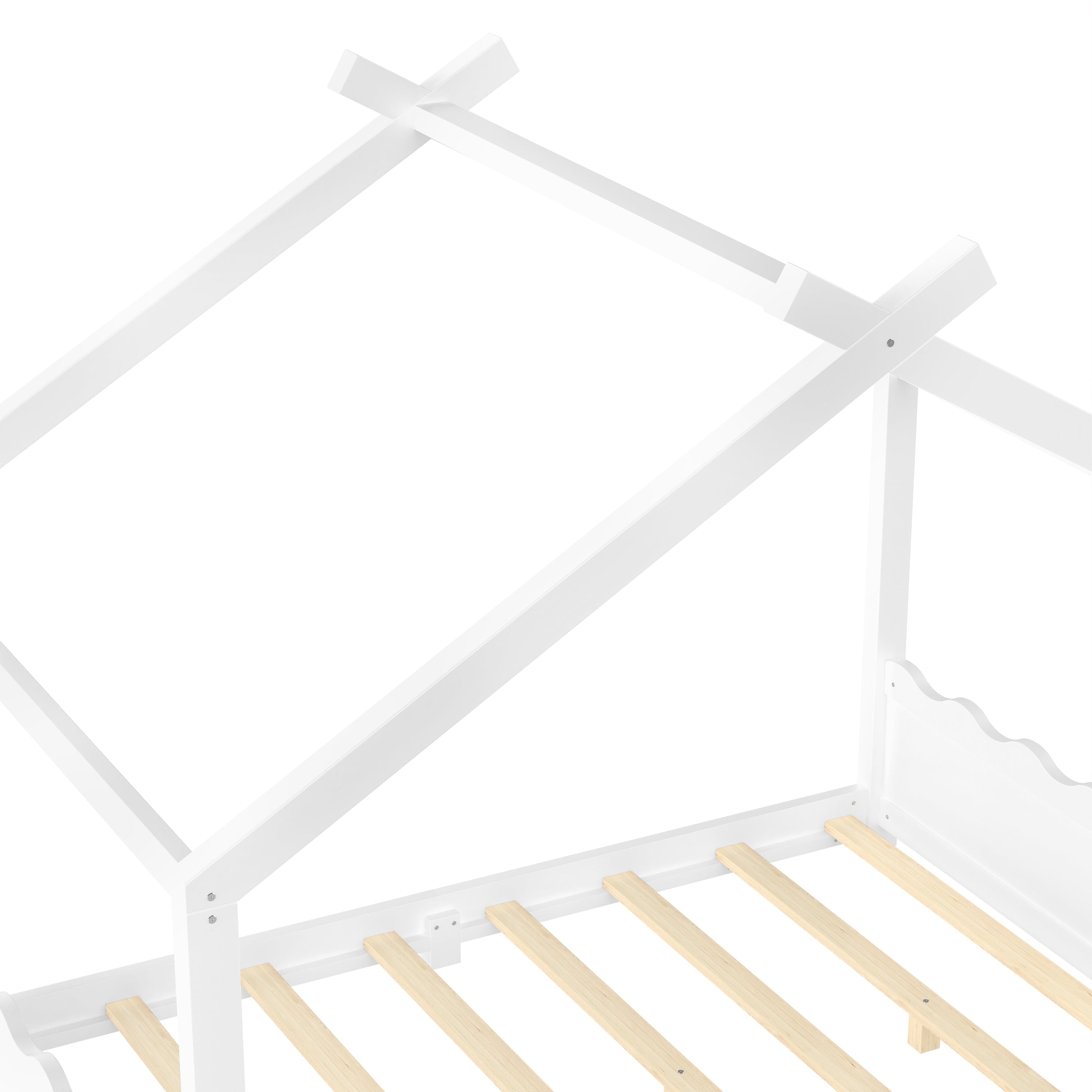 Full House Floor Bed with Support Slats, Solid Wood House Bed Frame for Kids, No Box Spring Needed and Opening Constructure, White