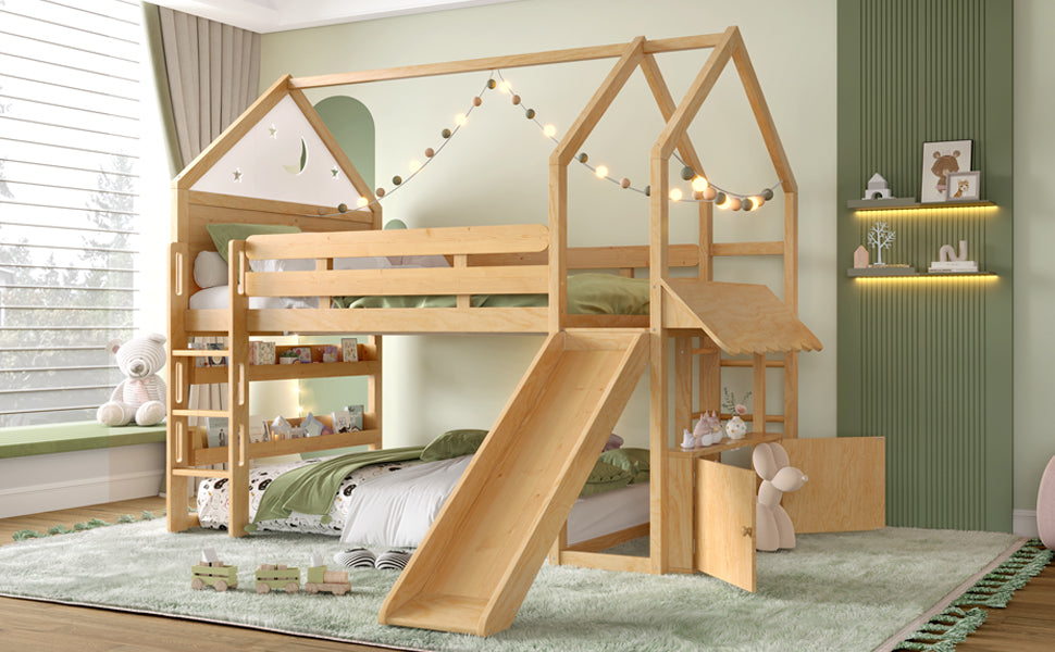 Full Size Loft Bed with Bookshelf Playful Design for Kids House-Shaped Structure with Slide High-Quality Safety Rails,Natural
