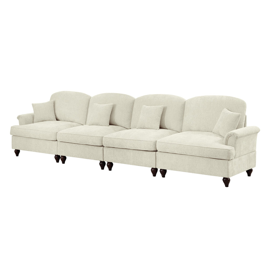 Elegant Mid Century Large 4 Seater Sofa Couch with Flared Arms and Removable Ruffles Pleats Skirts and Spindle Legs, Comfy Chenille Four-Seat Sofa for Living Room, Beige White