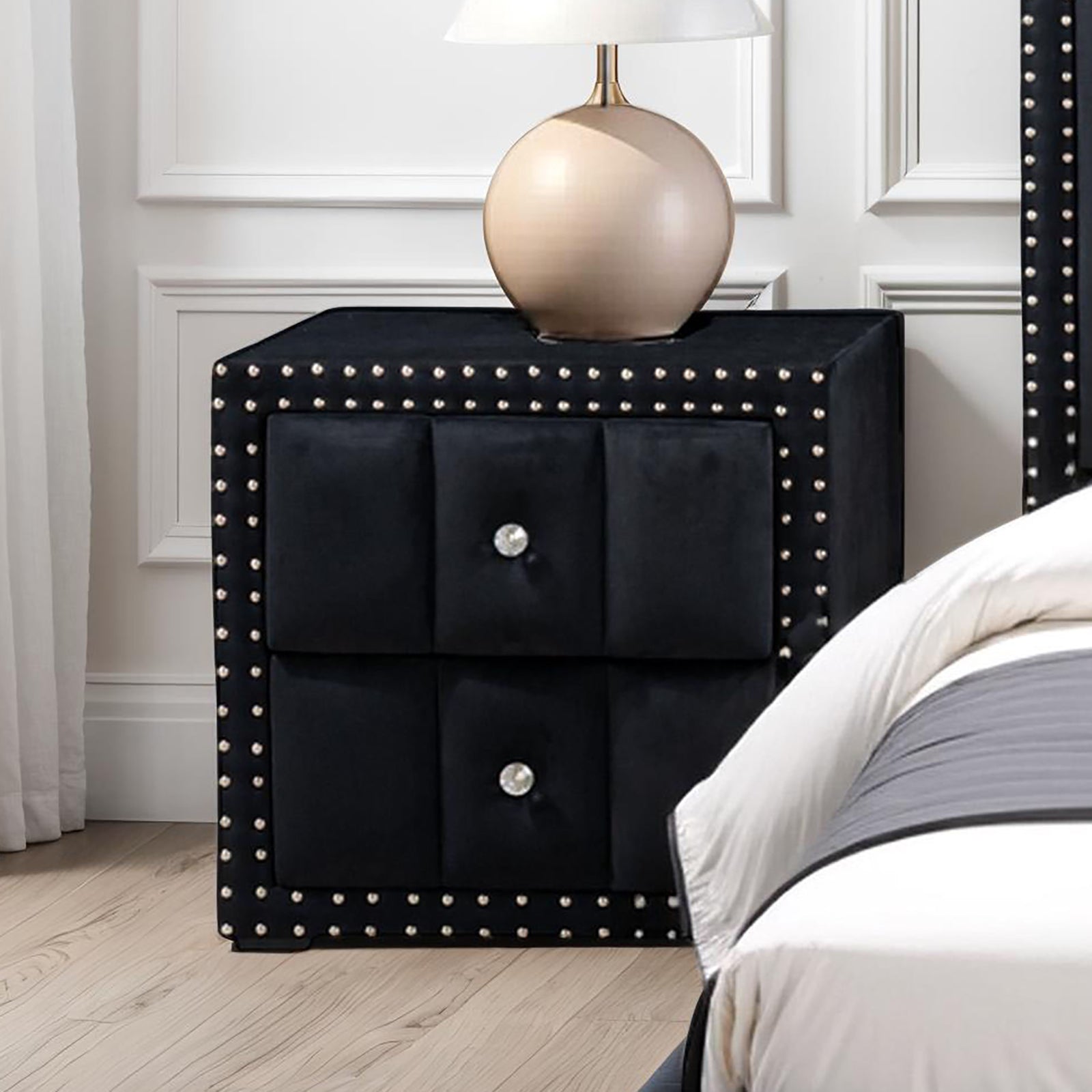 Full Size Bed And 2x Nightstands Bedroom Furniture Luxury Look Black Fabric Upholstered Bedframe w LED Nailhead Trim 3pc Bedroom Set