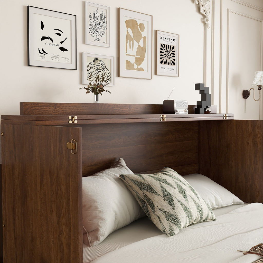Queen Size Murphy Bed, Pine Wood Cabinet Bed with Power Station and Rattan Decoration Panel,Walnut