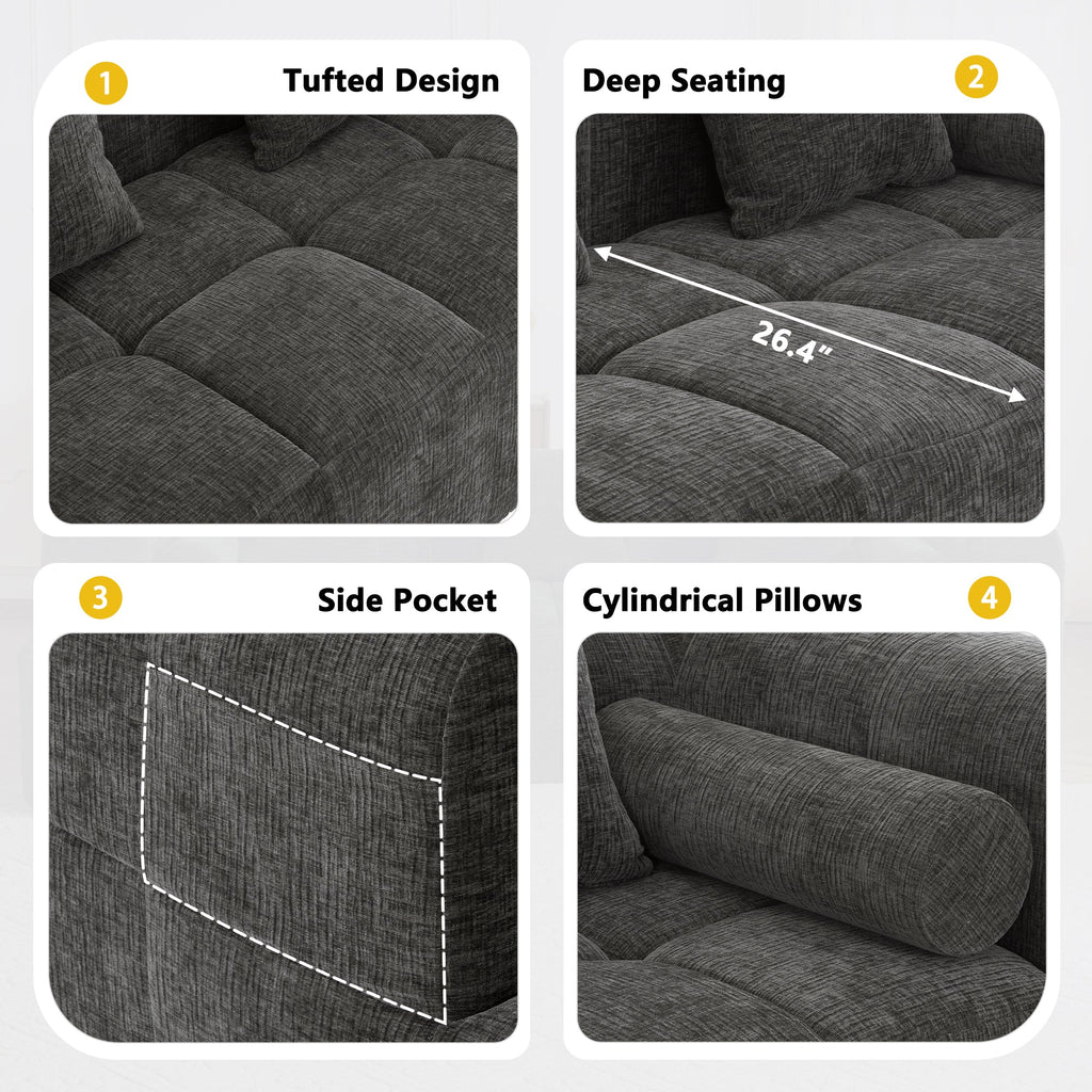 Modern Grey Modular Sectional Sofa with Deep Seating and Side Pockets in Chenille Fabric