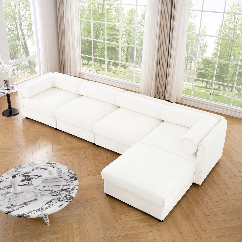 Modular Sectional Sofa with Storage, Cylindrical Backrest and Armrests Deep Comfortable Seating,Durable and Supportive for Living Room,4 Seat L- Shaped Sofa, White