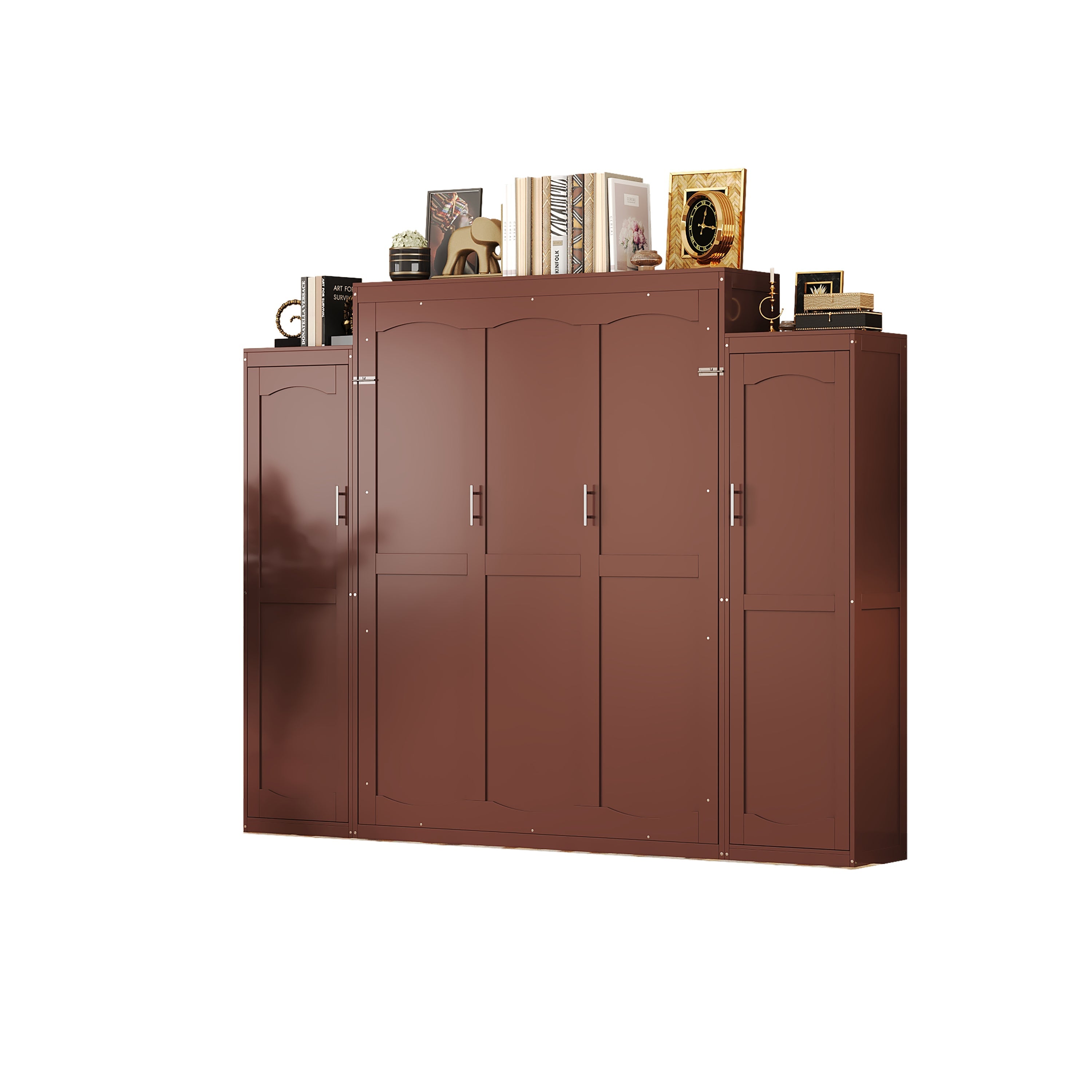Queen Size Murphy Bed, Wooden Queen Wall Bed with 2 Wardrobe and Storage Shelf, Multifunctional Foldable Platform Bedframe for Guest-Room, Bedroom, Walnut