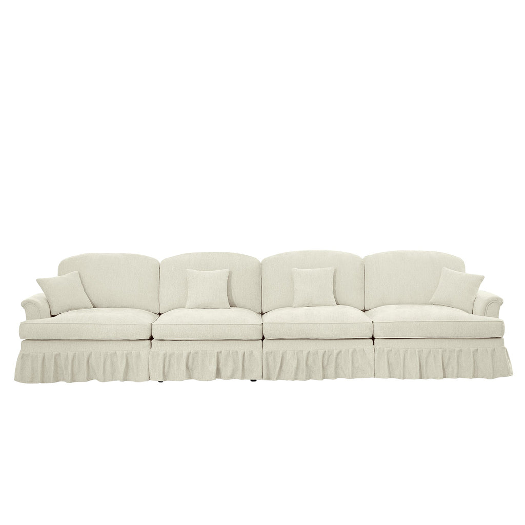 Elegant Mid Century Large 4 Seater Sofa Couch with Flared Arms and Removable Ruffles Pleats Skirts and Spindle Legs, Comfy Chenille Four-Seat Sofa for Living Room, Beige White