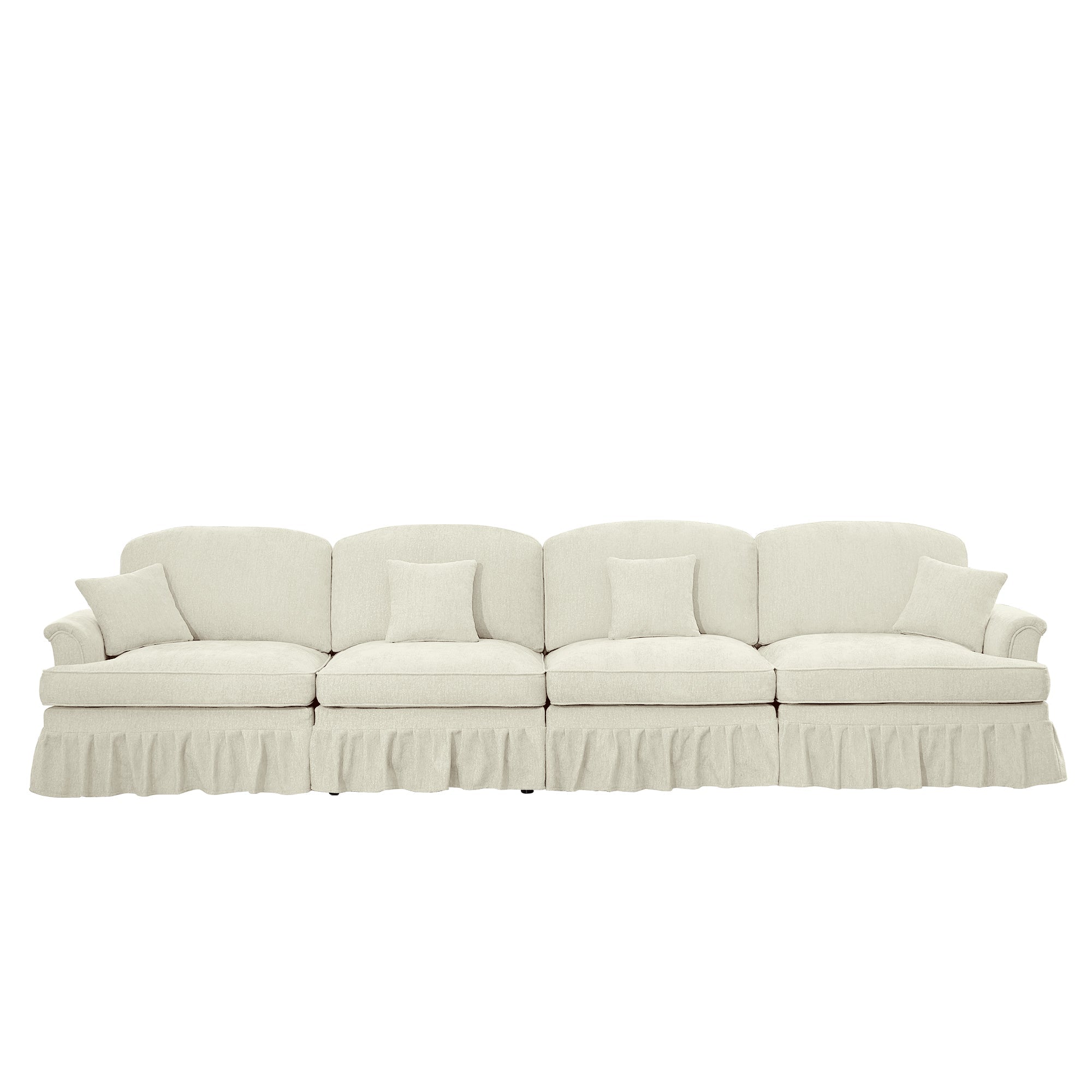 Elegant Mid Century Large 4 Seater Sofa Couch with Flared Arms and Removable Ruffles Pleats Skirts and Spindle Legs, Comfy Chenille Four-Seat Sofa for Living Room, Beige White