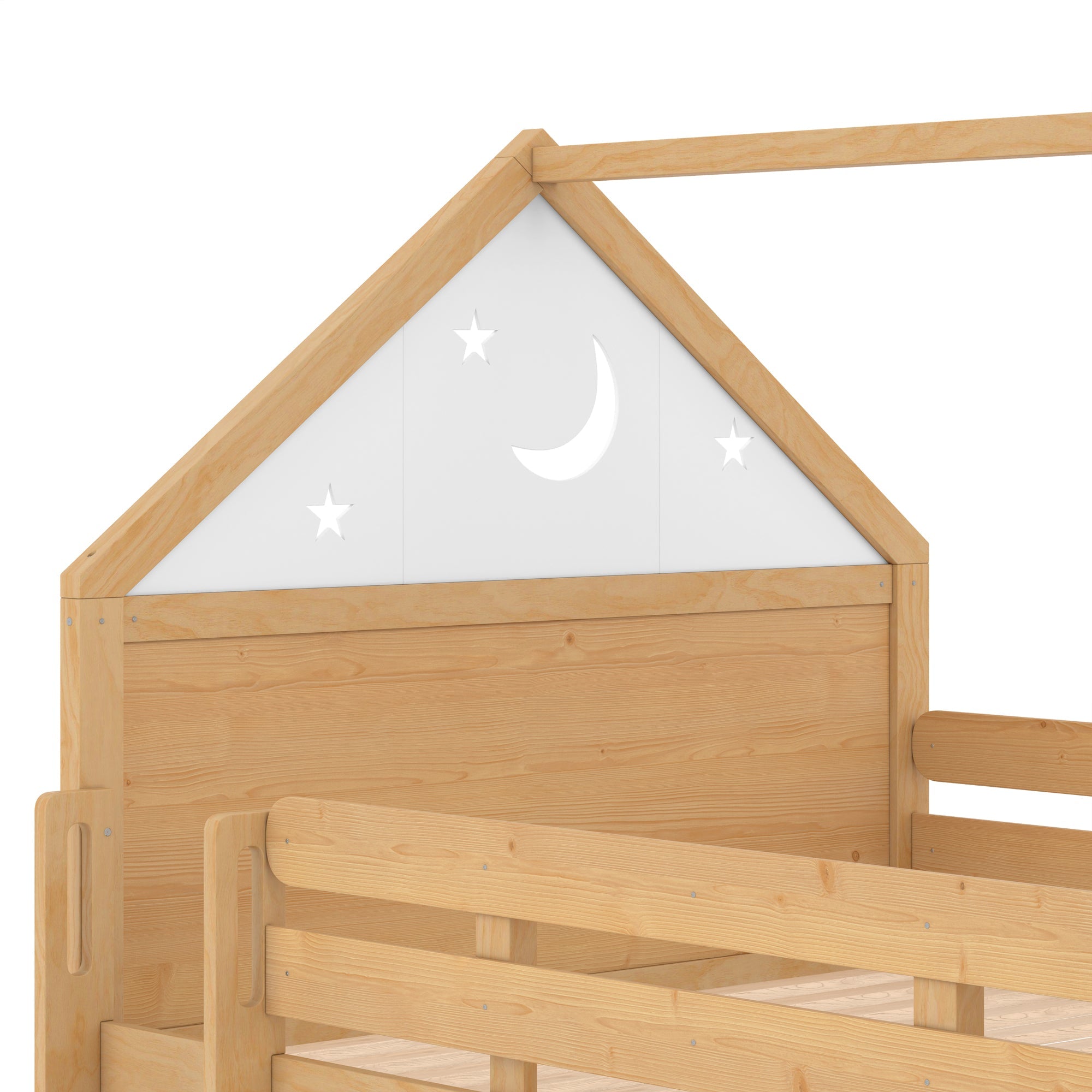 Full Size Loft Bed with Bookshelf Playful Design for Kids House-Shaped Structure with Slide High-Quality Safety Rails,Natural