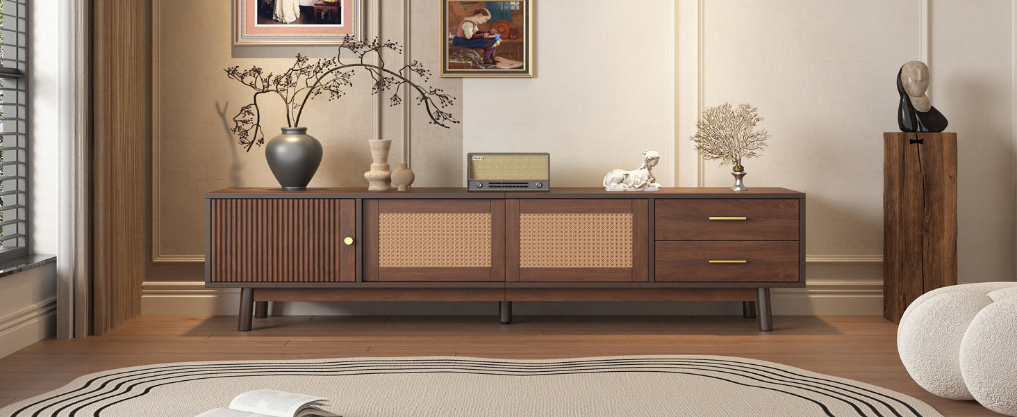 Mid Century Modern TV Stand for 80' TVs, Entertainment Center with Sliding Doors and Drawers, TV Table with Storage for Living Room, Bedroom