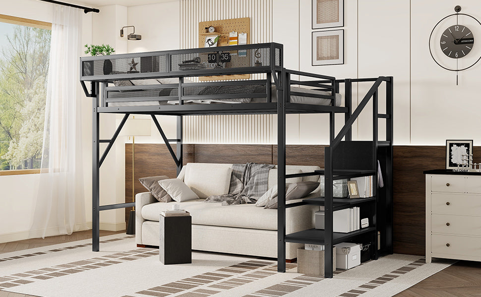 Twin XL Size Loft Bed with Stairs, Metal Full Loft Bed with Storage Shelves, High Loft Bed with Wardrobe for Kids Teens, Black(Expect Arrival Date 2025/10/14)