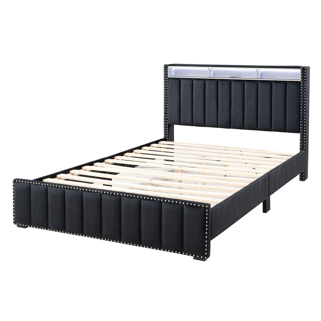 Full Size Bed And 2x Nightstands Bedroom Furniture Luxury Look Black Fabric Upholstered Bedframe w LED Nailhead Trim 3pc Bedroom Set