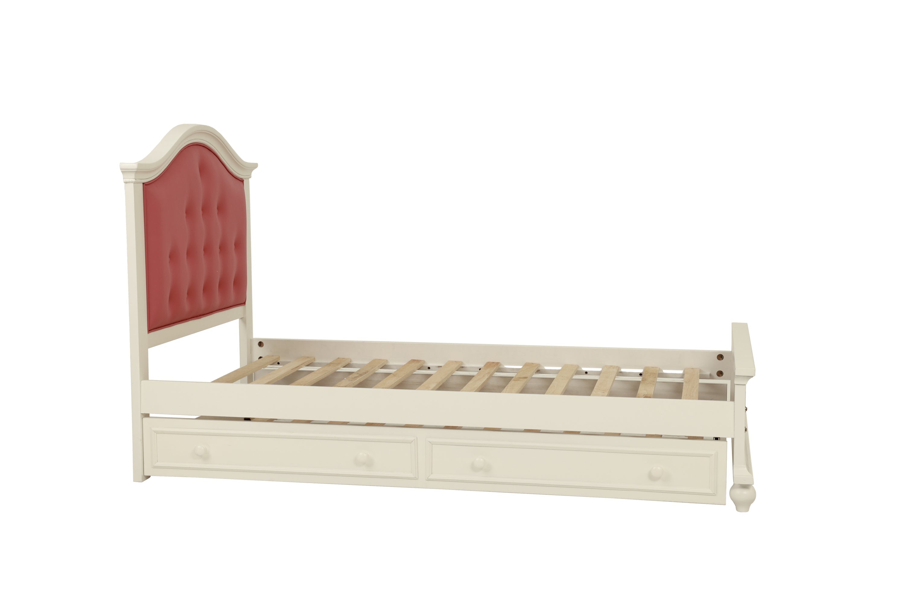 Contemporary Style Twin Size Bed w/ Trundle Slats Pine Plywood Kids Youth Bedroom Furniture Pink Faux Leather Tufted HB