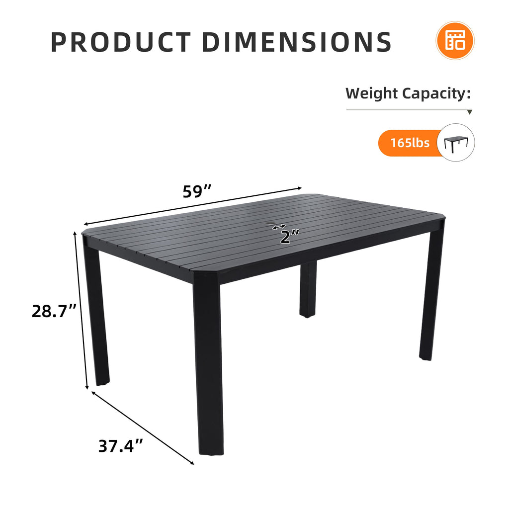 Modern Outdoor Aluminum Table with Alternating Wide and Narrow Slats, Angled Corners, 2' Big Umbrella Hole, and Adjustable Non-Slip Pads, Bourbon Brown