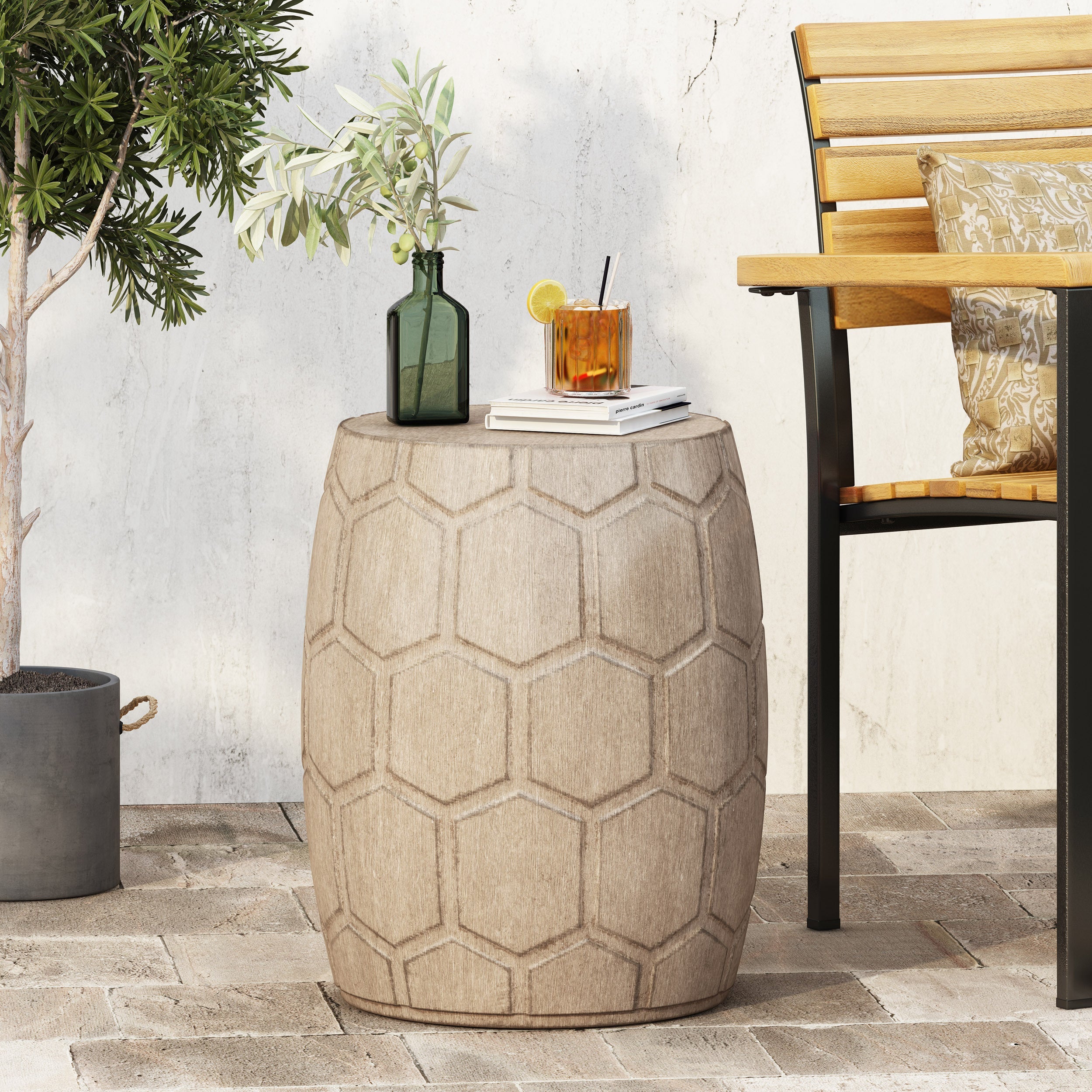 Boho Outdoor Lightweight Concrete Side Table with Honeycomb Pattern in Natural Finish, Magnesium Oxide, 15.25 x 15.25 x 18.25 inches