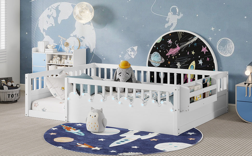 Full Montessori Floor Bed Frame with High Rails, Wood Kids Floor Beds with Light and Storage Shelf, White (Expect Arrival Date 2025/8/15)