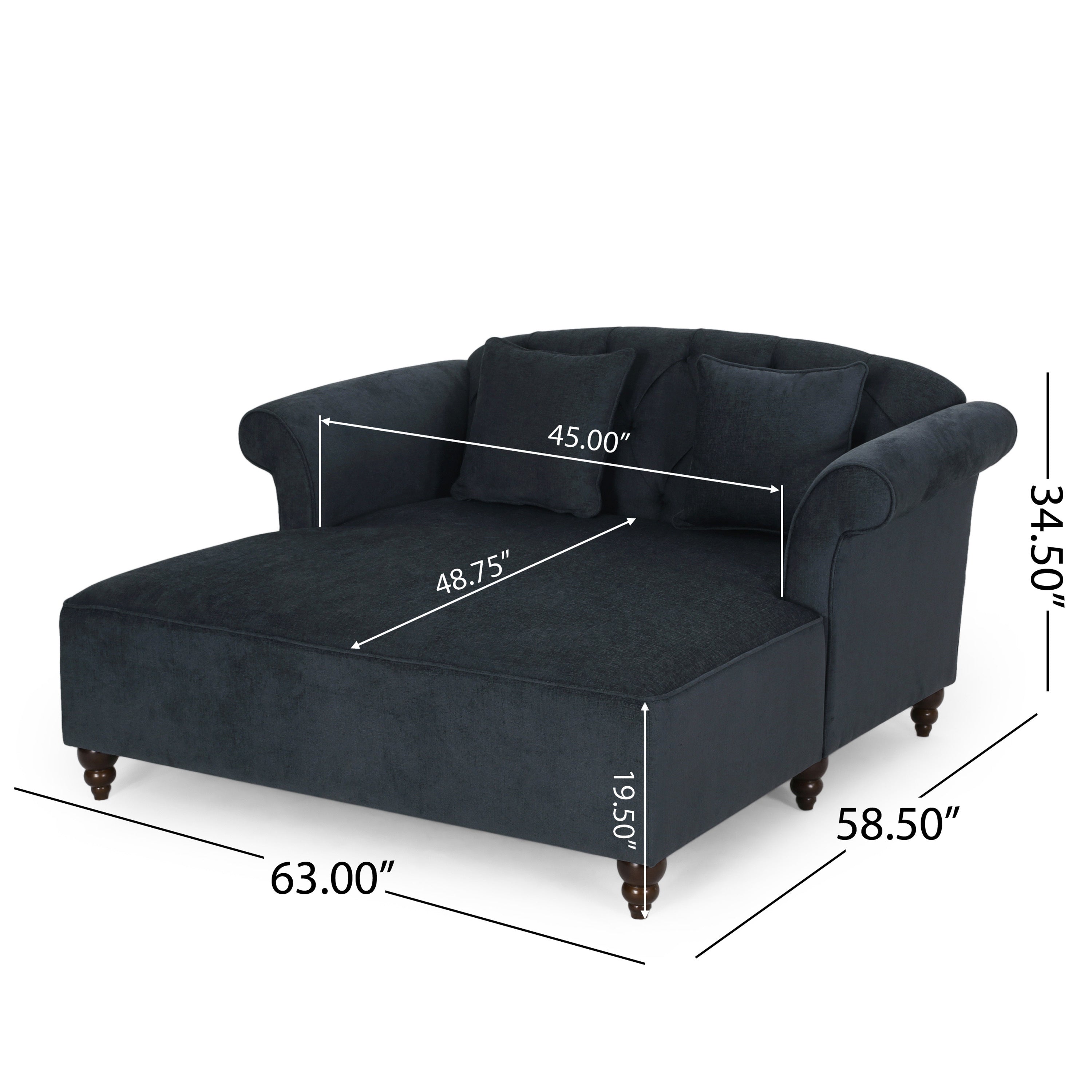 Upholstered Chaise Lounge with Scroll Arms, Turned Legs and 2 Pillows, Charcoal