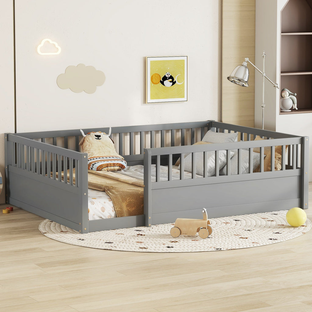 Full Floor Bed Frame with Fence, Montessori wooden children's floor bed,Wood Kids Floor Beds Frame for Bedroom Playroom,Gray