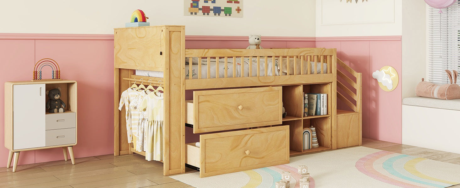 Twin Size Loft Bed with LED and Bookshelf, Wood Low Loft Bed with Stairs, Kids Twin Loft Bed with Storage Drawers and Shelves, Natural (Expect Arrival Date 2025/1/20)