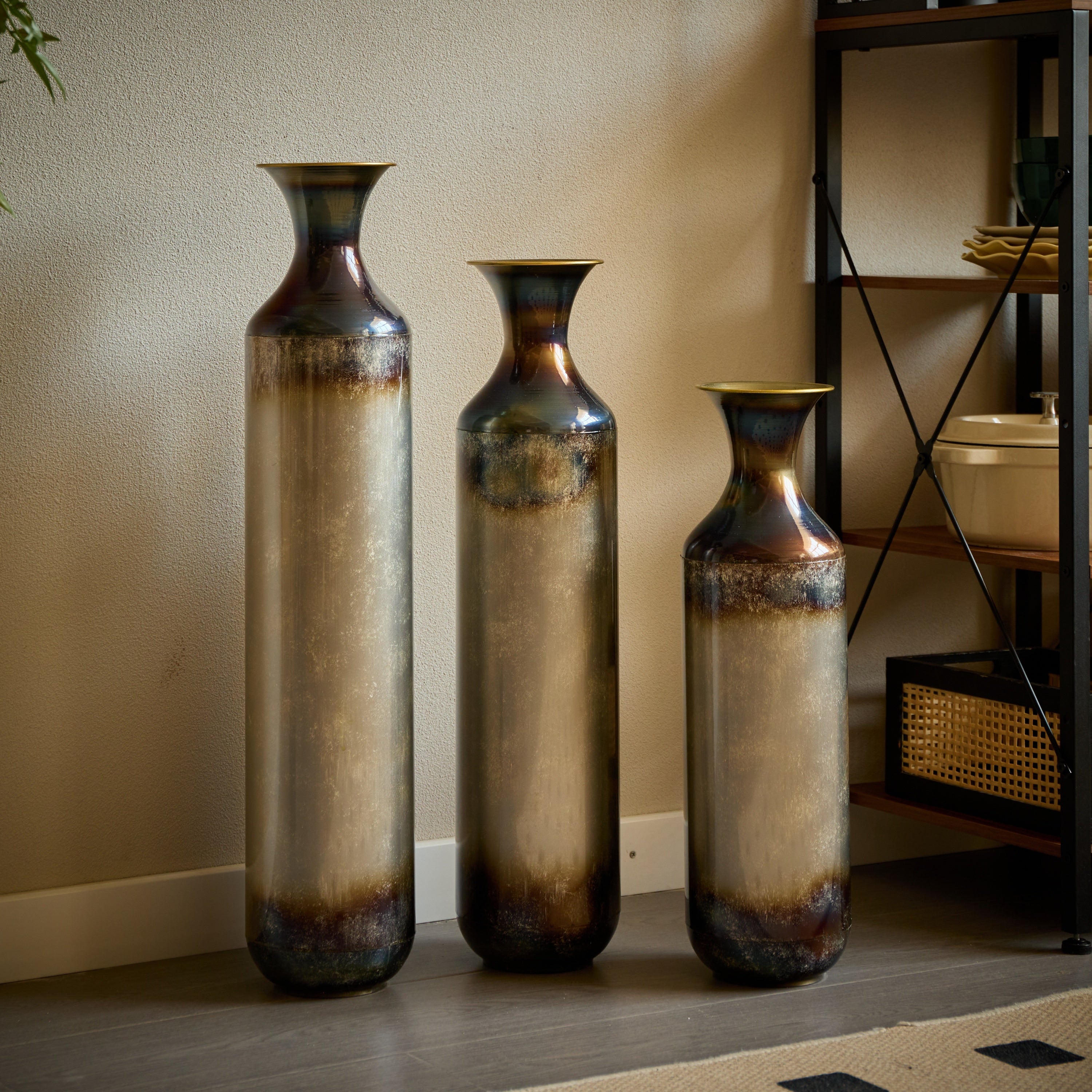 Modern Droplet-Shaped Floor Vase Set – Gold & White Glazed Metal Decorative Vases – 3-Piece Home Accent for Living Room or Entryway