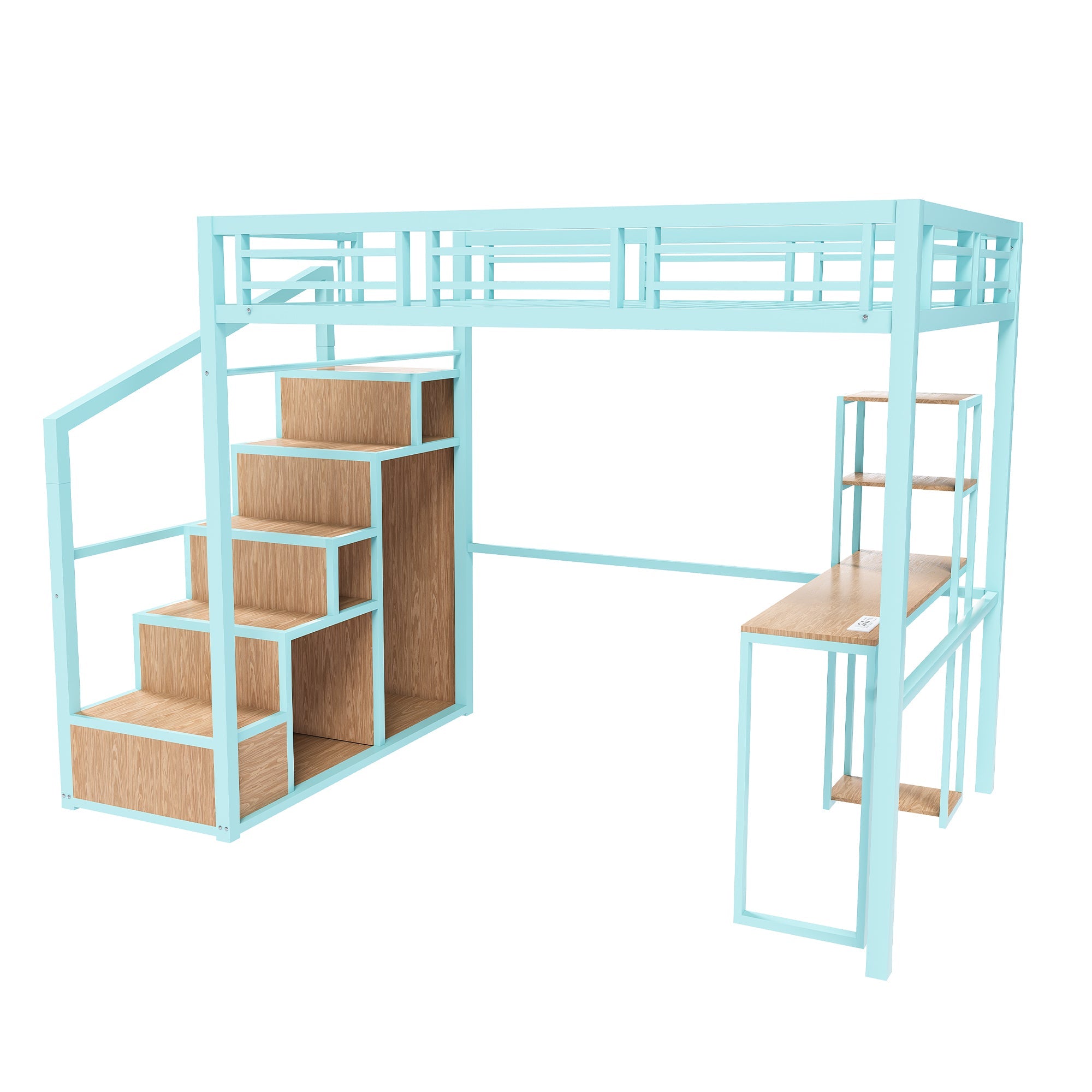 Heavy Metal Frame Full Loft Bed with Desk & Storage, 4 Cabinets, Staircase, Rack Space-Saver for Kids/Teens, Green Color