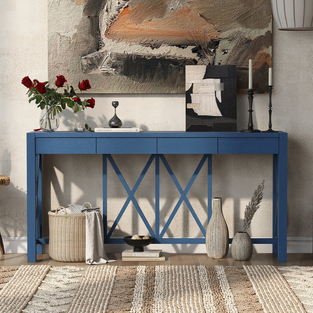 U_Style 60''Acacia Veneer Console Table with 4 Spacious Drawers, Modern Crisscross Design Entryway Table with Open Bottom Storage,Farmhouse Sofa Table for Living Room,Kitchen,Dining Room,Hallway