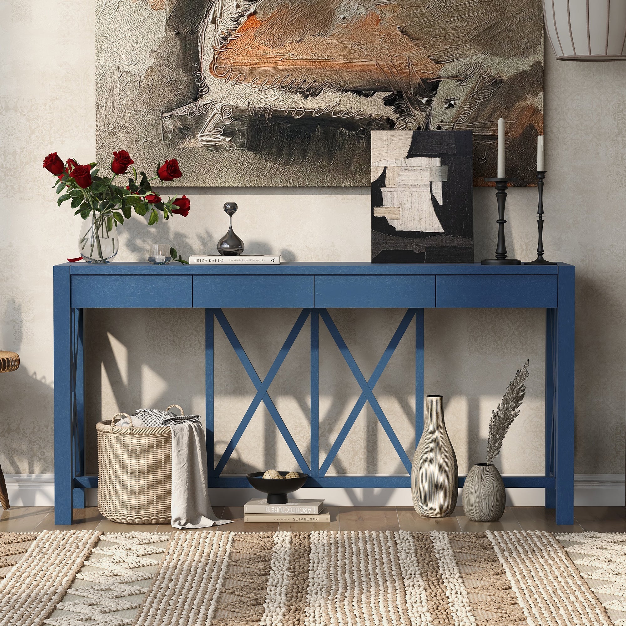 U_Style 60''Acacia Veneer Console Table with 4 Spacious Drawers, Modern Crisscross Design Entryway Table with Open Bottom Storage,Farmhouse Sofa Table for Living Room,Kitchen,Dining Room,Hallway